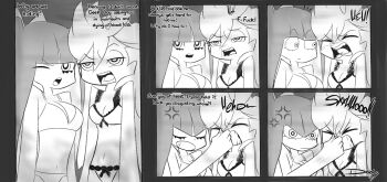 2girls annoyed artist_name bikini bow breasts cleavage closed_eyes english_text hair_bow hiding long_hair monochrome mrdark_(tkgc3532) multiple_girls multiple_views navel open_mouth panty_&amp;_stocking_with_garterbelt panty_(psg) pinching_another&#039;s_nose sneezing stocking_(psg) swimsuit teeth