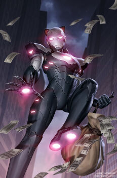 1girl animal_ears arc_reactor armor banknote black_armor blue_sky blurry blurry_background building cat_ears city claws comic_cover commentary dollar_bill english_commentary fake_animal_ears felicia_hardy flying glowing grey_armor high_denomination_banknote highres hundred_dollar_bill instagram_logo instagram_username iron_cat_(marvel) iron_man_(series) marvel money money_bag official_alternate_design official_art pink_background power_armor signature sky solo spider-man_(series) textless_version yoon_junggeun