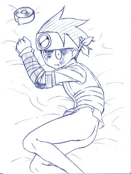 artist_request ass bandana bare_legs bed bed_sheet bound butt_crack capcom injured jacket lan_hikari_(mega_man) legs lying male_focus mega_man_(series) mega_man_battle_network mega_man_battle_network_(series) shorts shota smile solo taped_hands tied_up translation_request