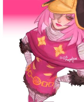 1girl belt black_fur black_hat capelet closed_mouth clothing_cutout commentary dress english_commentary flower_ornament fur-trimmed_dress fur_trim gold_belt gradient_background grey_pants grey_shirt hands_on_own_hips hat highres hot_pants_(sbr) jojo_no_kimyou_na_bouken kayatyun looking_at_viewer makeup medium_hair one_eye_covered pants pink_background pink_capelet pink_dress pink_eyes pink_hair pink_lips shirt short_hair shoulder_cutout solo steel_ball_run