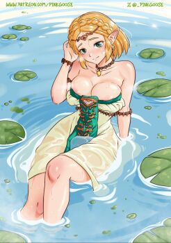 1girl areola_slip arm_support armlet artist_name blonde_hair blue_background bracelet braid breasts cleavage closed_mouth commentary crown_braid dress earrings english_commentary green_eyes gurinsensei hand_in_own_hair jewelry knee_up large_breasts lily_pad magatama magatama_necklace necklace nintendo paid_reward_available partially_submerged patreon_username pointy_ears princess_zelda secret_stone short_hair sitting smile solo strapless strapless_dress the_legend_of_zelda the_legend_of_zelda:_tears_of_the_kingdom twitter_username twitter_x_logo water wet white_dress