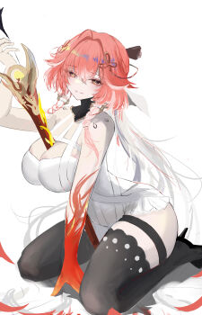 1girl absurdres amile bare_shoulders between_breasts between_legs braid breasts changli_(wuthering_waves) cleavage colored_extremities dress gradient_hair hair_intakes hair_ribbon halterneck hand_between_legs hand_up he_yue high_heels highres holding holding_sword holding_weapon large_breasts looking_at_viewer multicolored_hair on_floor orange_eyes orange_hair parted_lips ribbon side_braid simple_background solo sword sword_between_breasts teeth thick_thighs thigh_strap thighhighs thighs weapon white_background white_hair wuthering_waves