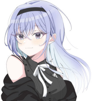 1girl 283_mei absurdres bare_shoulders black_hairband black_jacket black_shirt blue_hair blush cometik_note_(idolmaster) commentary floating_hair hairband highres idolmaster idolmaster_shiny_colors jacket jacket_partially_removed light_smile long_hair looking_at_viewer neck_ribbon official_alternate_costume purple_eyes ribbon shirt signature simple_background sleeveless sleeveless_shirt solo suzuki_hana upper_body white_background white_ribbon