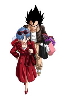 1boy 1girl absurdres bag black_eyes black_hair blue_eyes boots breasts brown_jacket brown_pants bulma cleavage coat commentary couple dragon_ball dragonball_z english_commentary eyewear_on_head full_body hetero high_heels highres holding holding_bag jacket medium_hair pants red_coat red_lips roub3d shopping_bag short_hair simple_background spiked_hair vegeta walking white_background white_boots