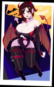 absurdres breasts cleavage demon_girl halloween highres horns huge_breasts odakubara ruby_rose rwby short_hair silver_hair demon_girl thighhighs wings