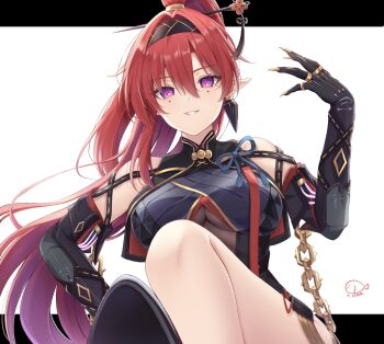 Rule 34 | 1girl, artist logo, bare shoulders, black gloves, black hairband, breasts, circle facial mark, commentary request, earrings, elbow gloves, facial mark, gloves, hair between eyes, hair intakes, hair ornament, hair stick, hairband, hand up, high ponytail, highres, jewelry, kiri celea, large breasts, letterboxed, logo, long hair, looking at viewer, mark under both eyes, parted lips, pointy ears, ponytail, purple eyes, red hair, sitting, smile, solo, very long hair, wuthering waves, yinlin (wuthering waves)