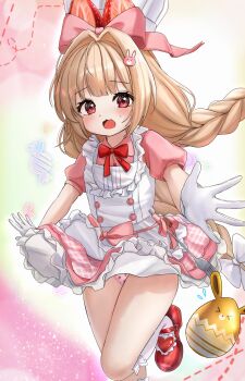 1girl blonde_hair braid chef_hat cherry crust_(nikke) dress food food-themed_hair_ornament food_costume fruit goddess_of_victory:_nikke hair_ornament hat highres long_hair panties pantyshot pink_dress pink_panties rabbit_hair_ornament red_eyes red_shoes shoes spatula strawberry strawberry_hair_ornament sunameri_(pixiv3564245) thighs twin_braids underwear