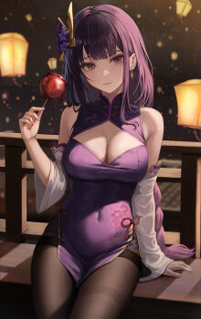 1girl alternate_costume arm_support bare_shoulders black_pantyhose breasts candy_apple china_dress chinese_clothes cleavage cleavage_cutout closed_mouth clothing_cutout commentary_request covered_navel detached_sleeves dress earrings floral_print flower food genshin_impact hair_flower hair_ornament hand_up jewelry lantern large_breasts looking_at_viewer mookyuu9 pantyhose paper_lantern print_dress purple_dress purple_eyes purple_flower purple_hair purple_nails raiden_shogun see-through_clothes see-through_sleeves sidelocks sky_lantern sleeveless sleeveless_dress smile solo thighband_pantyhose thighs white_sleeves