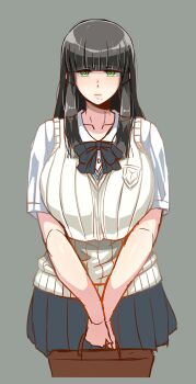 1girl :| absurdres bag black_bow black_bowtie black_hair black_skirt blunt_bangs blush bow bowtie breasts breasts_squeezed_together brown_bag closed_mouth collared_shirt commentary_request cropped_legs enoshima_iki green_eyes grey_background highres hime_cut holding holding_bag huge_breasts long_hair mole mole_under_mouth original pleated_skirt school_uniform shirt short_sleeves simple_background skirt solo sweater_vest white_shirt white_sweater_vest