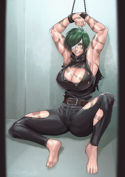 1girl absurdres angry armpits arms_up bandage_over_one_eye barefoot belt black_pants black_shirt breasts brown_belt cirenk cleavage_cutout clenched_teeth clothing_cutout commission defeat glasses green_hair highres huge_breasts jujutsu_kaisen looking_at_viewer pants restrained scar scar_on_arm scar_on_breasts scar_on_leg scar_on_thighs scars_all_over scowl second-party_source shirt short_hair sleeveless sleeveless_shirt solo teeth textless_version toes too_many torn_clothes torn_pants torn_shirt zen'in_maki