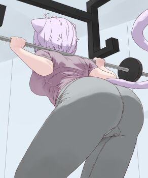 1girl ahoge animal_ears arched_back ass ass_focus barbell breasts cat_ears cat_tail commentary_request dirty_manaty exercising from_behind grey_pants highres hololive large_breasts nekomata_okayu pants purple_hair purple_shirt shirt short_hair sideboob solo tail virtual_youtuber weightlifting weights