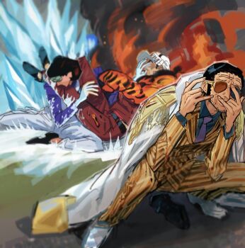 3boys aokiji_(one_piece) black_hair cryokinesis devil_fruit_power doodlz1p double_w duel facial_hair fire full_body highres kizaru_(one_piece) lava long_sideburns male_focus mature_male multiple_boys one_piece pants parody_request photo-referenced pyrokinesis sakazuki_(one_piece) short_hair sideburns squatting stubble sunglasses w wrinkled_skin