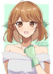 Rule 34 | 1girl, bare shoulders, braid, brown eyes, dated, dress, french braid, gloves, green background, green gloves, green ribbon, highres, johssnny, kantai collection, light brown hair, looking at viewer, oboro (11th anniversary) (kancolle), oboro (kancolle), off-shoulder dress, off shoulder, official alternate costume, one-hour drawing challenge, ribbon, smile, solo, twitter username, two-tone background, upper body, white dress