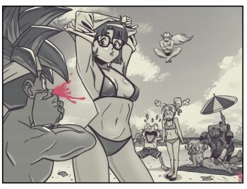 2boys 3girls armpits arms_up ayla_(chrono_trigger) beach bikini blood border breasts chrono_trigger cleavage covering_own_mouth crono_(chrono_trigger) earrings flip-flops floating flying_sweatdrops frog frog_(chrono_trigger) glasses greyscale hair_tubes headband highres jewelry levitation long_hair lucca_ashtear machine magus_(chrono_trigger) male_swimwear marle_(chrono_trigger) medium_breasts monochrome multiple_boys multiple_girls muscular muscular_male navel nosebleed parted_lips pointy_ears ponytail robo_(chrono_trigger) robot ryan_jampole sandals signature sky small_breasts spiked_hair spot_color sunglasses swim_briefs swim_trunks swimsuit tree undressing white_border