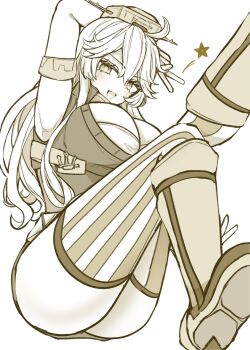 1girl arm_up armpits blonde_hair blue_eyes breasts elbow_gloves front-tie_top gloves hair_between_eyes headgear highres iowa_(kancolle) kantai_collection large_breasts long_hair looking_at_viewer monochrome nagi_kantai114 open_mouth simple_background skirt smile solo star-shaped_pupils star_(symbol) striped_clothes striped_skirt striped_thighhighs symbol-shaped_pupils thighhighs vertical-striped_clothes vertical-striped_thighhighs yellow_background