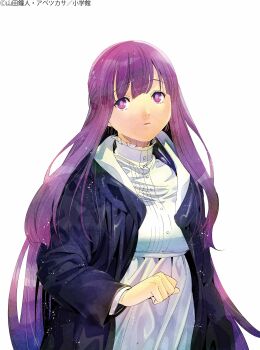 1girl abe_tsukasa absurdres black_jacket breasts buttons collar dress fern_(sousou_no_frieren) frilled_collar frills highres jacket large_breasts long_hair long_sleeves official_art open_mouth purple_eyes purple_hair simple_background solo sousou_no_frieren very_long_hair white_background white_dress