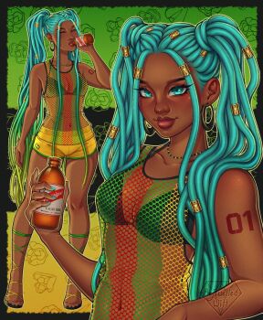 1girl alternate_hairstyle alternate_skin_color aqua_eyes aqua_hair bejewelled_witt bikini bikini_top_only black_bikini breasts commentary dark-skinned_female dark_skin darkened_skin dreadlocks earrings english_commentary eyelashes fishnet_top fishnets hatsune_miku highres hoop_earrings jamaica jamaican_flag jamaican_flag_print jewelry lips long_hair looking_at_viewer medium_breasts multiple_views navel necklace sandals shirt shorts smile swimsuit very_long_hair vocaloid watermark worldwide_miku yellow_shorts