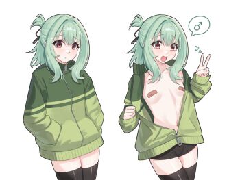 1boy absurdres bandaid bandaids_on_nipples breasts bulge covered_erect_nipples green_hair hair_ornament hands_in_pockets heart highres jacket multiple_expressions multiple_views otori_tan pasties pyruvate seitokai_ni_mo_ana_wa_aru! shorts small_breasts thighhighs thighs trap v zettai_ryouiki