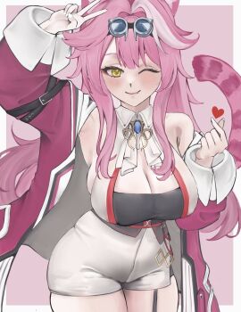 Rule 34 | 1girl, ;), absurdres, animal ears, black tube top, breasts, cleavage, coat, commentary, english commentary, goggles, goggles on head, heart, highres, hololive, hololive english, huge breasts, long hair, looking at viewer, one eye closed, panther ears, panther girl, panther tail, pink coat, raora panthera, raora panthera (1st costume), short shorts, shorts, skindentation, smile, solo, strapless, tail, tube top, vest, virtual youtuber, walkerdoggo, white shorts, white vest, yellow eyes