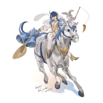 1boy alfonse_(fire_emblem) alfonse_(spring_prince)_(fire_emblem) animal_ears animal_penis blue_gloves blue_hair c3ure carrot_on_stick commentary_request easter fake_animal_ears fire_emblem fire_emblem_heroes gloves highres horse_penis nintendo pectorals penis rabbit rabbit_ears