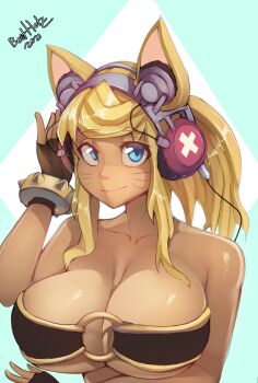 1girl 2021 animal_ears artist_name bare_shoulders belt_bra besthetz blonde_hair blue_eyes bracelet breasts brown_gloves cleavage closed_mouth collarbone commentary dark-skinned_female dark_skin english_commentary extra_ears facial_mark fingerless_gloves gloves green_background hand_on_headphones headphones headphones_for_animal_ears highres large_breasts liru long_hair looking_at_viewer o-ring o-ring_top ponytail renkin_san-kyuu_magical_pokaan simple_background smile solo studded_bracelet upper_body whisker_markings wolf_ears wolf_girl