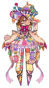 1girl absurdres animal_ears animal_hands back_bow bear_ears bow carousel_hat claws closed_eyes commentary dress full_body hat highres horns large_bow monsha_moa neck_ruff no_feet orange_hair original patchwork_skin pink_bow short_hair simple_background single_horn solo standing stuffed_animal stuffed_toy stuffing symbol-only_commentary teddy_bear top_hat white_background