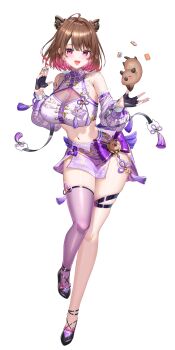 1girl absurdres animal_ear_piercing animal_ears bare_shoulders black_gloves blush bow breasts brown_hair capybara capybara_ears capybara_girl crop_top detached_sleeves dress fingerless_gloves frilled_dress frills full_body gloves half_gloves high_heels highres holding holding_mahjong_tile large_breasts looking_at_viewer mahjong mahjong_tile multicolored_hair nanashi_inc. navel non-web_source open_mouth pink_eyes pink_hair puffy_sleeves purple_bow purple_dress purple_skirt purple_thighhighs satoupote see-through_cleavage see-through_clothes short_hair side_slit simple_background single_thighhigh skindentation skirt sleeveless smile solo stomach tassel tented_shirt thigh_strap thighhighs thighs virtual_youtuber yunohara_izumi