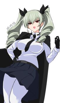 1girl absurdres aikir_(jml5160) anchovy_(girls_und_panzer) anzio_school_uniform black_cape black_gloves black_necktie black_ribbon blue_skirt breasts cape dated drill_hair emblem girls_und_panzer gloves green_hair grey_hair hair_ribbon hand_on_own_hip highres italian_flag large_breasts long_hair long_sleeves looking_at_viewer necktie open_mouth pantyhose red_eyes ribbon school_uniform shirt simple_background skirt solo standing teeth twin_drills twintails upper_teeth_only white_background white_pantyhose white_shirt