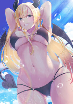 1girl absurdres arms_up bikini black_bikini black_horns blonde_hair blue_sky breasts cloud commentary_request demon_girl demon_horns demon_tail demon_wings gradient_hair highres hololive horns large_breasts long_hair midriff multicolored_hair navel oekaki_zombie pink_hair pointy_ears sky smile solo swimsuit tail underboob virtual_youtuber wading water wet wings yuzuki_choco