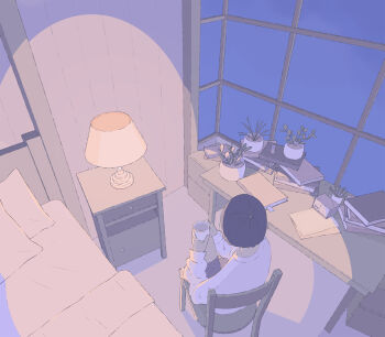 1girl absurdres bed bedroom bob_cut book chair chest_of_drawers commentary_request cup from_above from_behind highres holding holding_cup indoors lamp long_sleeves ma_(mamamauuuuu) mug night nightstand on_chair original pile_of_books pillow plant potted_plant shirt short_hair shorts sitting slice_of_life solo table white_shirt window wooden_chair