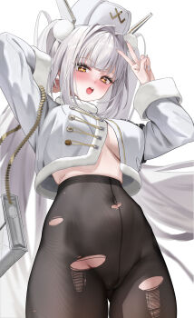 1girl absurdres blanc_(fortune_express)_(nikke) blanc_(nikke) blush breasts brown_pantyhose cleavage commentary covered_navel cropped_jacket english_commentary goddess_of_victory:_nikke hat high-waist_pantyhose highres jacket large_breasts long_hair long_sleeves looking_at_viewer open_mouth pantyhose pussy solo torn_clothes torn_pantyhose uncensored white_hair white_hat white_jacket yellow_eyes zhudouzi