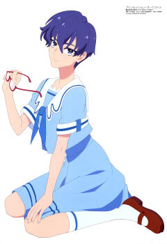 1girl absurdres anime_coloring blue_eyes blue_hair closed_mouth copyright_name copyright_notice glasses highres holding holding_removed_eyewear imoto_yuki kazahana_sumire kneehighs looking_at_viewer magazine_scan mary_janes megami_magazine mole mole_under_eye official_art princession_orchestra red-framed_eyewear scan school_uniform semi-rimless_eyewear shoes short_hair short_sleeves simple_background sitting socks solo under-rim_eyewear unworn_eyewear very_short_hair wariza white_background white_socks