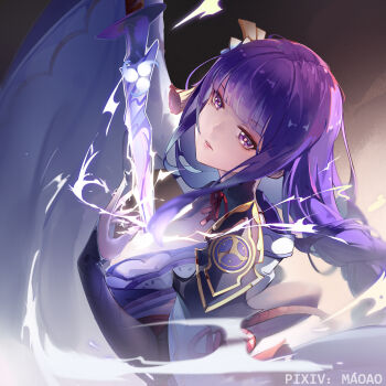 1girl blunt_bangs braid breasts cleavage commentary_request drawing_sword electricity genshin_impact half-closed_eyes hammer_space highres holding holding_sword holding_weapon human_scabbard japanese_clothes katana kimono large_breasts long_braid long_hair maoao mitsudomoe_(shape) mole mole_under_eye musou_isshin_(genshin_impact) parted_lips pulling purple_eyes purple_hair purple_kimono raiden_shogun solo sword sword_between_breasts tomoe_(symbol) upper_body weapon wide_sleeves