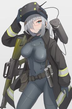 1girl absurdres ar-10 arm_up bag battle_rifle belt black_jacket bodysuit breasts brown_bag brown_belt cable commentary commission covered_navel cowboy_shot cyborg earpiece english_commentary explosive grenade grey_bodysuit grey_eyes grey_hair grin gun gun_sling hair_ornament hair_over_one_eye hairpin headset high-visibility_clothing high-visibility_jacket highres jacket joints klottinen long_sleeves looking_at_viewer machinery magazine_(weapon) mechanical_jaw medium_breasts medium_hair open_clothes open_jacket original rifle robot_joints satchel sidelocks simple_background smile solo standing weapon white_background