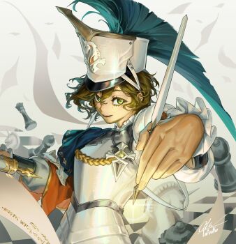 1girl :d absurdres armor artist_name breastplate brown_hair chess_piece commentary green_eyes hands_up hat highres holding holding_pen holding_scroll knight_(chess) mole mole_under_eye official_alternate_costume open_mouth outstretched_hand pawn_(chess) pen queen_(chess) recoleta_(reverse:1999) reverse:1999 scroll shako_cap short_hair signature smile solo tofuuku upper_body white_background white_hat