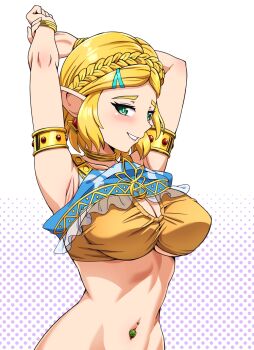 1girl armlet armpits arms_up bare_hips blonde_hair blush bra braid breasts cleavage commentary crown_braid earrings english_commentary gold_armlet green_eyes highres jewelry navel navel_piercing nintendo piercing pointy_ears princess_zelda short_hair the_legend_of_zelda triforce underboob underwear zuchysdraws