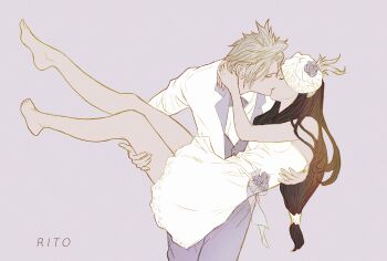 1boy 1girl artist_name bare_arms bare_legs bare_shoulders barefoot black_hair blonde_hair bow bowtie carrying closed_eyes cloud_strife collared_shirt commentary_request couple cowboy_shot dress dress_flower facing_another facing_to_the_side feet final_fantasy final_fantasy_vii flower formal_clothes from_side full_body grey_background grey_bow grey_bowtie grey_pants grey_vest hair_flower hair_ornament hair_over_shoulder hetero highres husband_and_wife jacket jewelry kiss long_hair low-tied_long_hair pants princess_carry profile ring shirt short_dress short_hair simple_background spiked_hair strapless strapless_dress suit tifa_lockhart tori_(labyrinth_fft) vest wedding_dress wedding_ring white_dress white_jacket white_shirt