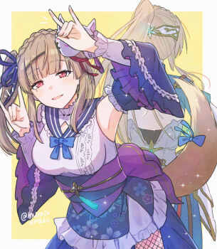 Rule 34 | 2girls, back-to-back, bare shoulders, blonde hair, braid, brown hair, commentary request, double fox shadow puppet, fox mask, fox shadow puppet, hair ribbon, heaven burns red, highres, kiryuu miya, looking at viewer, mask, mole, mole under eye, multiple girls, muratoamado, red eyes, ribbon, shirakawa yuina