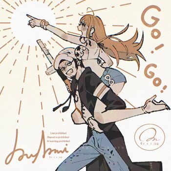 1boy 1girl bangle bare_legs bare_shoulders bikini bikini_top_only black_coat black_hair blue_pants blue_shorts blush bracelet breasts carrying carrying_person character_name chest_tattoo clenched_teeth coat commentary_request denim earrings emphasis_lines facial_hair feet_out_of_frame floating_hair frilled_bikini frills from_side full_body halterneck hat holding holding_sword holding_weapon jeans jewelry large_breasts long_hair looking_at_viewer nami_(one_piece) official_alternate_costume one_piece open_clothes open_coat open_mouth orange_hair outstretched_arm pants pearl_earrings piggyback pointing pointing_forward profile sandals sheath sheathed short_shorts shorts shoulder_tattoo sweatdrop swimsuit sword tattoo teeth trafalgar_law twitter_username weapon white_hat yum_xoxo_yum