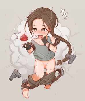 1girl aged_down arm_strap artist_name barefoot belt black_gloves blush braid braided_ponytail brown_eyes brown_hair brown_shorts cleft_of_venus clothes_pull commission crystal feet female_focus fingerless_gloves flat_chest full_body gloves grey_background grey_shirt gun handgun highres lara_croft loli long_hair monchichiwa nose_blush open_mouth oversized_clothes pussy shirt shorts shorts_pull signature simple_background sleeveless sleeveless_shirt smoke solo sweat tank_top tearing_up thighs toes tomb_raider uncensored very_long_hair weapon