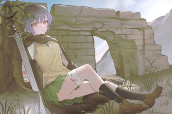 1girl anli_(jwcpp4sum0mgk5r) bandages bang_dream! bang_dream!_it&#039;s_mygo!!!!! black_cape black_socks brown_shoes brown_sweater_vest cape chinese_commentary commentary_request green_skirt grey_hair haneoka_school_uniform highres injury open_mouth outdoors panties pantyshot pleated_skirt red_eyes ruins school_uniform shirt shoes short_hair sitting skirt socks solo sweater_vest takamatsu_tomori underwear white_panties white_shirt