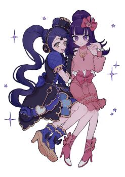 2girls :d absurdres bare_shoulders black_dress blue_boots blue_hair blunt_bangs boots cle_423 closed_mouth commentary_request detached_sleeves dress full_body garara_s_leep hanazono_shuka hand_up high_heel_boots high_heels highres idol_time_pripara invisible_chair long_hair looking_at_viewer multiple_girls open_mouth pink_boots pink_shirt pink_skirt ponytail pretty_series pripara puffy_short_sleeves puffy_sleeves purple_eyes purple_hair shirt short_sleeves sitting skirt smile sparkle white_background