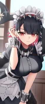 1girl adjusting_hair alternate_breast_size_(larger) bandaid_on_tail black_hair breasts closed_mouth colored_inner_hair commentary_request ellen_joe fins fish_tail frilled_wristband hairband hand_on_own_ear hand_on_own_knee highres indoors large_breasts leaning_forward light_smile looking_at_viewer maid maid_headdress metal_hairband mole mole_under_eye multicolored_hair razor_blade_hair_ornament red_eyes red_nails scar scar_on_tail shark_girl shark_tail short_hair solo spiked_headband swept_bangs tail thomas_8000 zenless_zone_zero