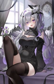 Rule 34 | 1girl, :d, amane kanata, amane kanata (1st costume), amane konata, aran sweater, black halo, black ribbon, black streaks, black sweater, black thighhighs, black wings, breasts, cable knit, cleavage, cleavage cutout, clothing cutout, colored inner hair, commentary, feathered wings, hair over one eye, hair ribbon, halo, highres, hololive, indoors, jewelry, knee up, large breasts, long hair, long sleeves, looking at viewer, mini wings, multicolored hair, necklace, open mouth, photo (object), purple eyes, purple hair, ribbon, satoupote, shoulder cutout, single hair intake, sitting, smile, solo, star halo, streaked hair, sweater, symbol-only commentary, thighhighs, turtleneck, turtleneck sweater, two side up, very long hair, virtual youtuber, wings