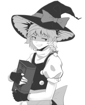 Rule 34 | 1girl, absurdres, apron, back bow, black gloves, black hat, black skirt, black vest, book, bow, braid, commentary request, fingerless gloves, frilled apron, frills, gloves, hair bow, hat, hat bow, highres, holding, holding book, kirisame marisa, pi-nattus, puffy short sleeves, puffy sleeves, shirt, short hair, short hair with long locks, short sleeves, side braid, simple background, single braid, skirt, sleeve cuffs, solo, touhou, turtleneck, turtleneck shirt, upper body, vest, waist apron, white apron, white background, white bow, white shirt