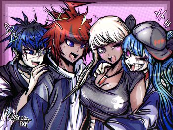 Rule 34 | !, 2boys, 2girls, amemiya darumi, arms around waist, black hair, black hat, blonde hair, blue eyes, blue hair, breasts, brown eyes, cleavage, crop top, dark-skinned female, dark skin, futurexhope, grey jacket, hand on another's shoulder, hat, head on another's shoulder, highres, hood, hoodie, huge breasts, jacket, japanese clothes, kawana tsubasa, looking at another, multicolored hair, multiple boys, multiple girls, omokage yugamu, open mouth, pink background, pink eyes, polyamory, ponytail, red hair, short hair, striped clothes, sumino takumi, the hundred line -last defense academy-, twintails, upper body, white hoodie, yaoi, yuri