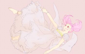 Rule 34 | 1girl, anklet, barefoot, bishoujo senshi sailor moon, bracelet, chibi usa, cone hair bun, crescent, crescent facial mark, double bun, dress, facial mark, falling, female focus, forehead mark, full body, hair bun, hiki-wota, jewelry, outstretched hand, pale color, pearl bracelet, pink hair, polka dot, polka dot background, red eyes, small lady serenity, solo, twintails, white dress