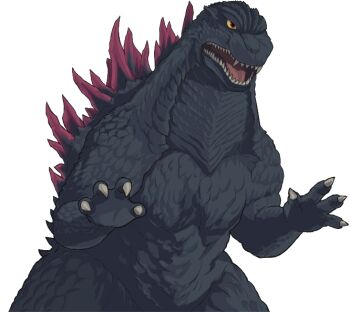 angry artist_request bandai banpresto claws cross_promotion crossover dinosaur giant giant_monster godzilla godzilla_(series) godzilla_against_mechagodzilla kaiju monster no_humans official_art open_mouth roaring sharp_teeth simple_background spikes super_robot_wars super_robot_wars_x-omega teeth toho tongue transparent_background yellow_eyes