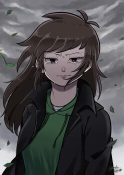 1girl alternate_hairstyle animification antenna_hair black_coat black_eyes brown_hair cloud cloudy_sky coat commentary_request cosplay crying drawstring edd_(eddsworld) eddsworld ell_(eddsworld) future_edd_(eddsworld) future_edd_(eddsworld)_(cosplay) genderswap genderswap_(mtf) green_hoodie hair_down highres hood hood_down hoodie kashimiato leaf lips long_hair long_sleeves looking_at_viewer open_clothes open_coat partial_commentary self_cosplay signature sky solo standing swept_bangs tears trench_coat upper_body