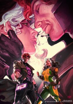 1boy 1girl bo_staff bodysuit brown_hair card coat colored_sclera fingerless_gloves gambit gloves glowing_card green_bodysuit highres holding jacket long_hair male_focus marvel marvel_rivals multicolored_bodysuit multicolored_hair red_eyes rogue_(x-men) short_hair smile superhero_costume trench_coat two-tone_bodysuit two-tone_hair uzuri_art x-men yellow_bodysuit